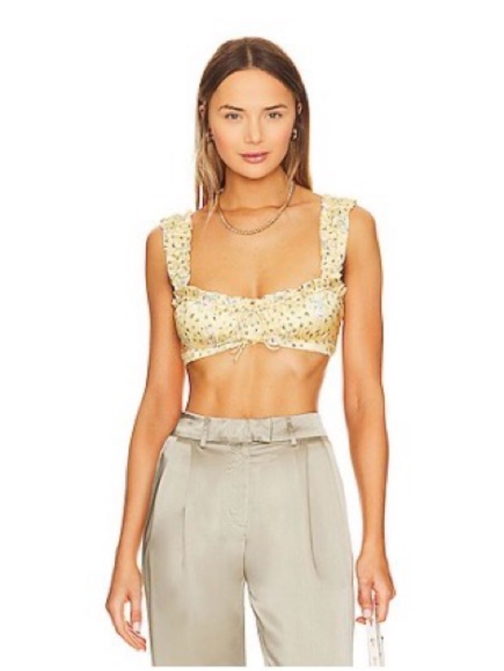 Floral Embellished Yellow Ruched Crop Top